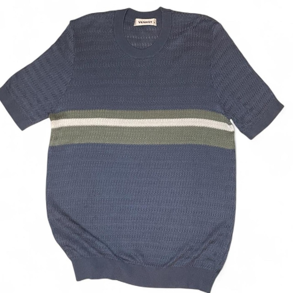 NWOT! VENROY Men’s Blue Striped Knit Short Sleeve Sweater Size XLarge